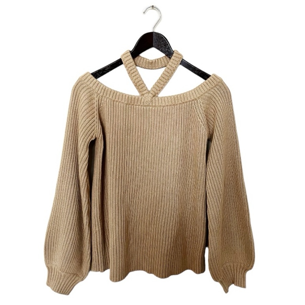 NEW Lovers and Friends Granada Brown Cut Out Ribbed Knit Puff Sleeve Sweater